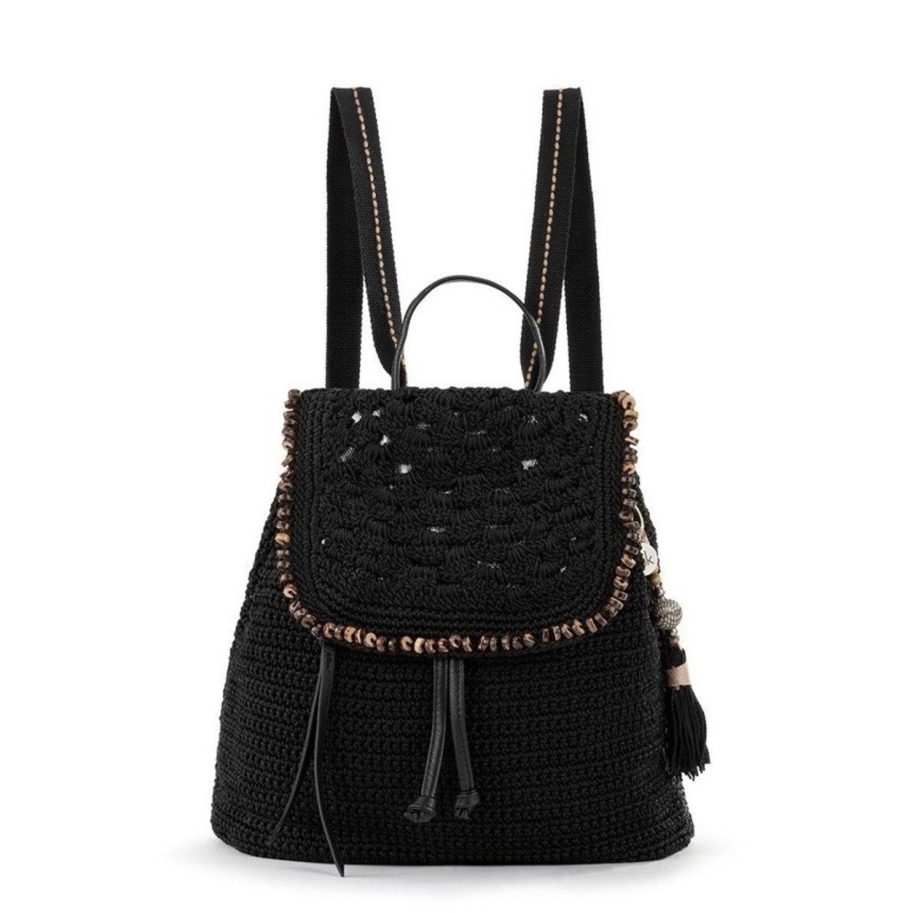 The Sak Sayulita Black Hand Crochet Backpack Boho Drawstring Shoulder Bag Purse